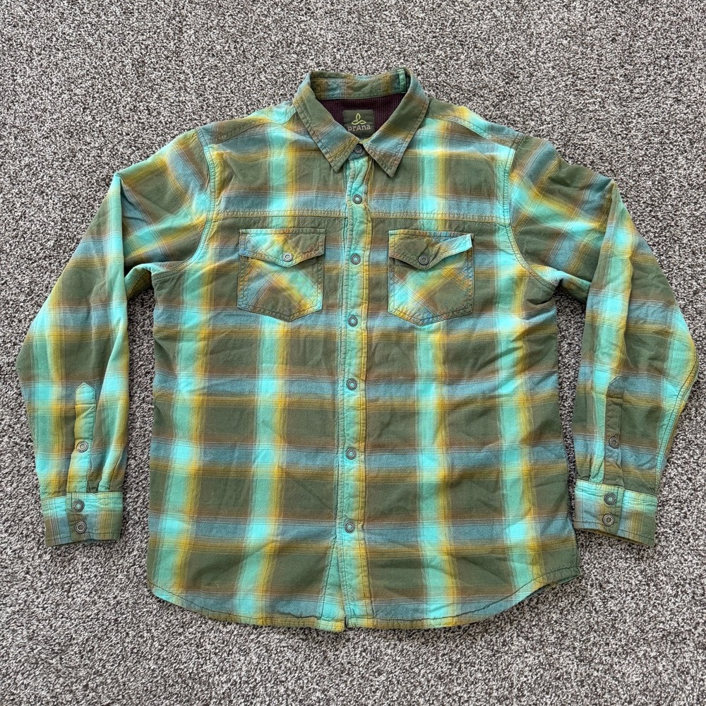 PrAna Asylum Flannel Green Shirt Shacket Men's M Plaid Thermal Lined Snap Cotton